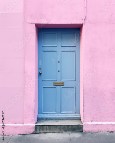 A blue door on a pink wall. Pastel colors aesthetic . Romantic monomal photography.