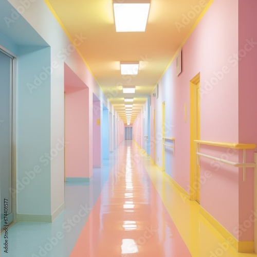 Hallway of pink walls and light blue and yellow, in the style of y2k aesthetic. Minimal surreal concept.