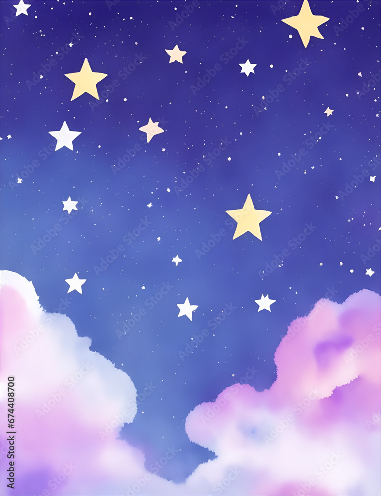Fototapeta premium A beautiful night sky with a backdrop of pink clouds. The clouds are fluffy and wispy, and they add a touch of magic and wonder to the image.