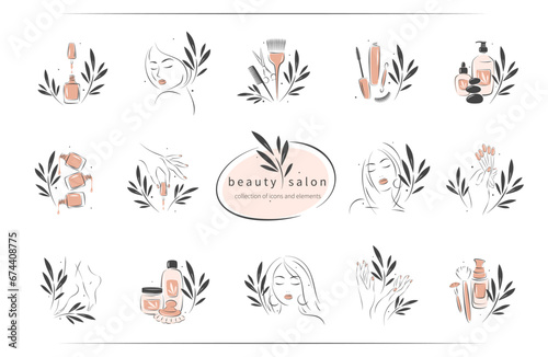 Big set of elements and logos for beauty salon. Beautiful woman face, eyelash extension, makeup, hairdressing, nail polish, manicured female hands and legs. Vector illustrations photo