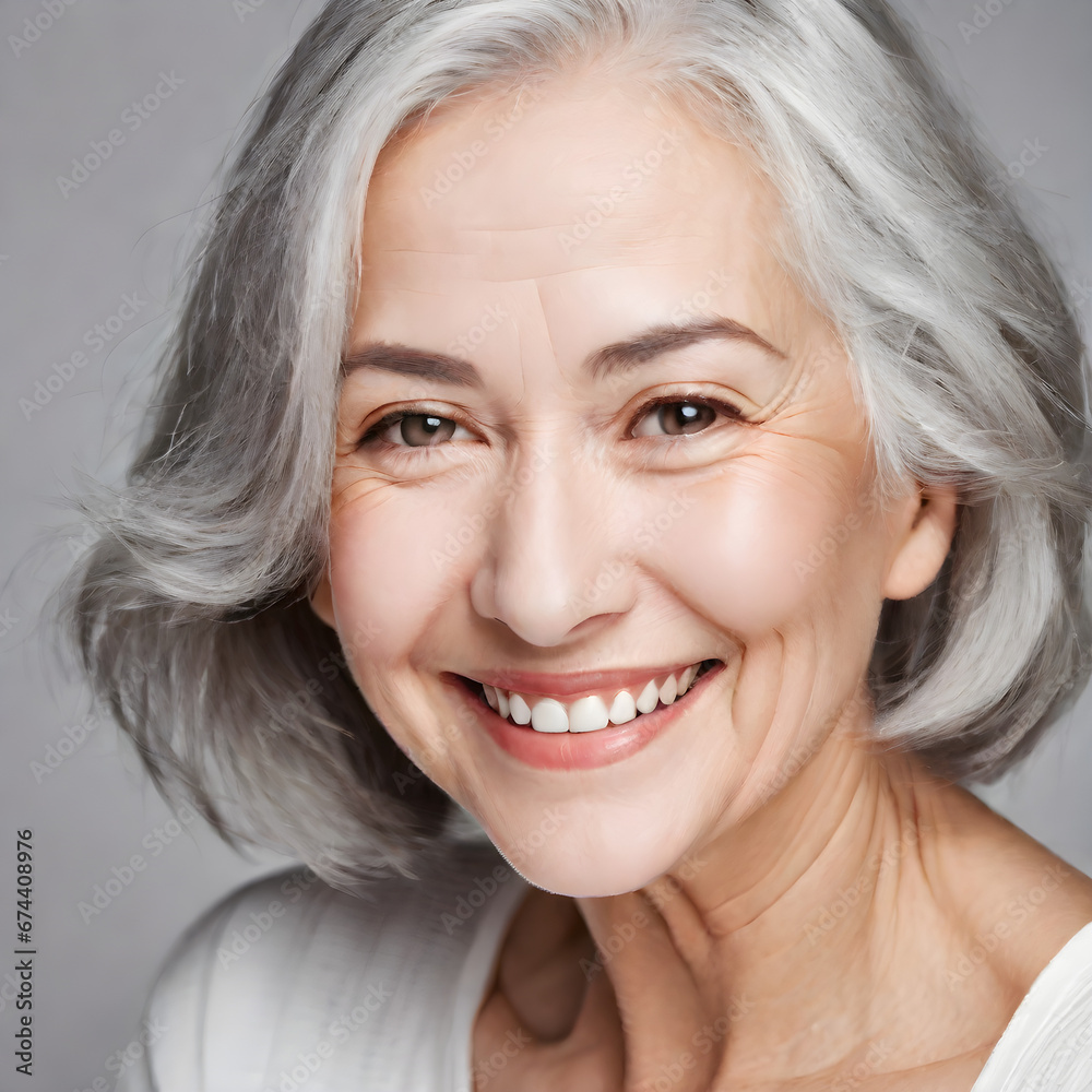 portrait of an audlt smiling woman wtih grey hair
