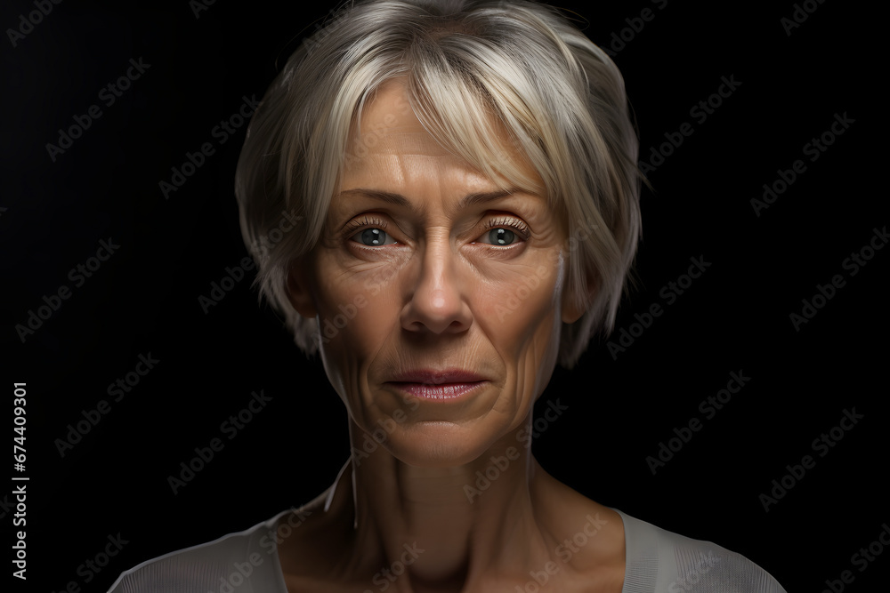 senior Caucasian woman portrait on black background. Neural network generated photorealistic image. Not based on any actual person or scene.