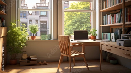 A small but functional office room with a desk, chair, filing cabinet, and bookshelf. The room has large windows that let in natural light © Areesha