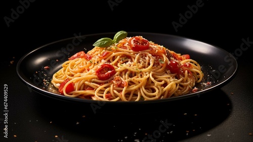 Delicious spaghetti served on a black plate