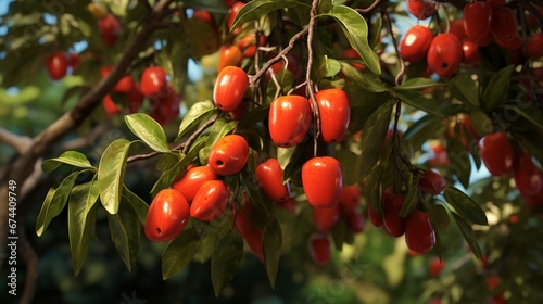 A close-up of a tamarillo tree loaded with bright red fruits, against a backdrop of lush green leaves.