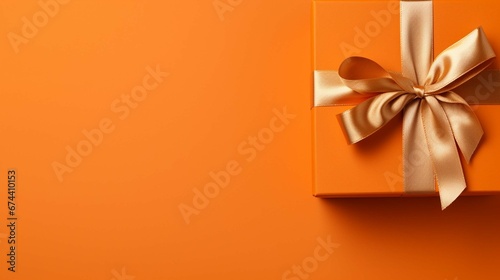 Top view photo of orange giftbox with gold satin ribbon bow on isolated orange background with empty space