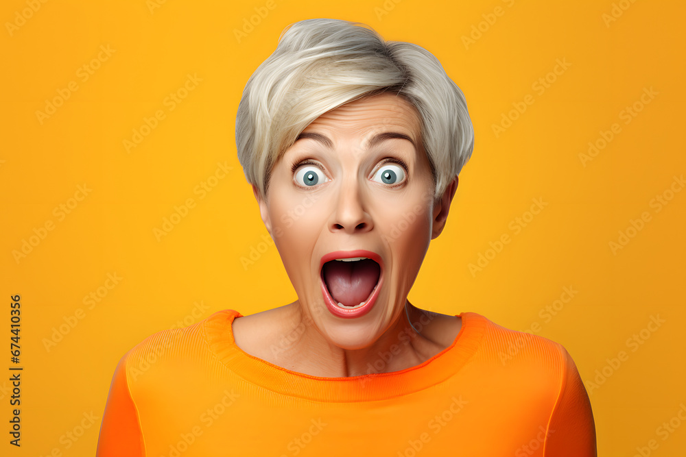 Surprised gray-haired Caucasian woman on yellow background. Neural network generated image. Not based on any actual person or scene. Surprised gray-haired Caucasian woman on yellow background. Neural network generated image. Not based on any actual person or scene.