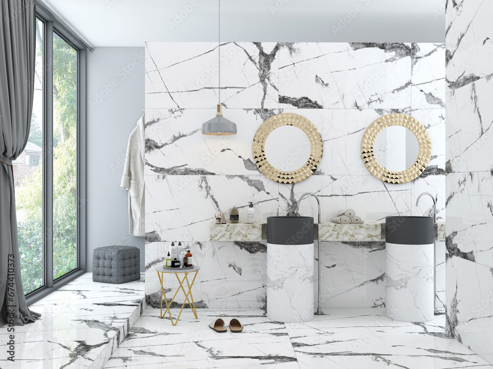 A opulent bathroom features glossy white marble, a tile-textured sink, a circular, elegant mirror above it, a hanging bathrobe next to a window, and a little table with toiletries. 3D Rendering