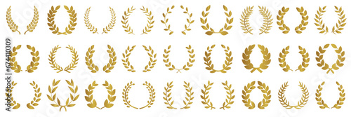 Set of Golden Laurel Wreath for Trophy Cup. Leaves frame, swirls, laurel wreath, award decoration  photo