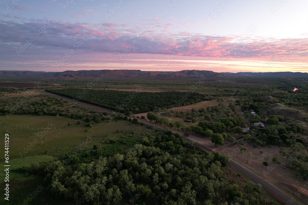 Aerial drone photo of Kununurra landscape and sunset