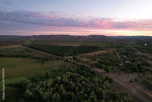 Aerial drone photo of Kununurra landscape and sunset