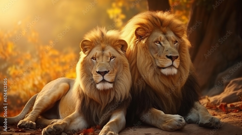 Fototapeta premium Jungle Predator: Feline Pair Amidst Nature's Wildlife generated by AI tool 