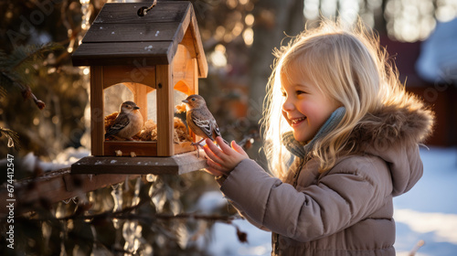 little girl in winter clothes hangs a bird feeder on a tree on a snowy day, Christmas, New Year, child, kid, childhood, postcard, animal care, emotional portrait, hat, light, smile, toddler, wood