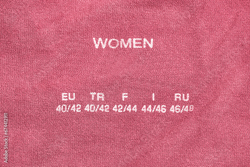 Size chart on fabric