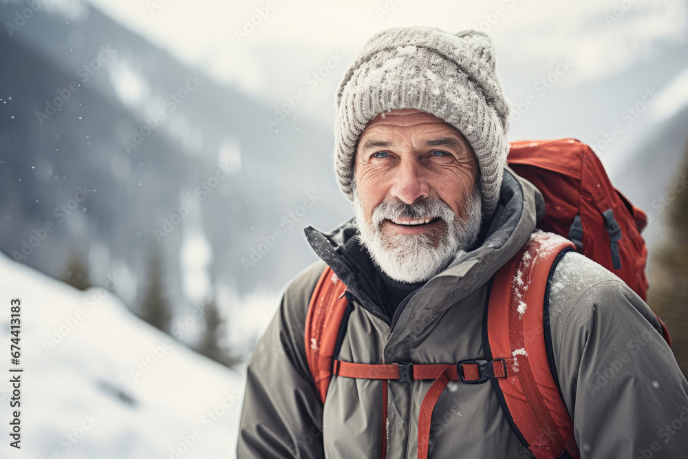 Portrait of an elderly man hiking in mountains with red backpack at winter Portrait of an elderly man hiking in mountains with red backpack at winter