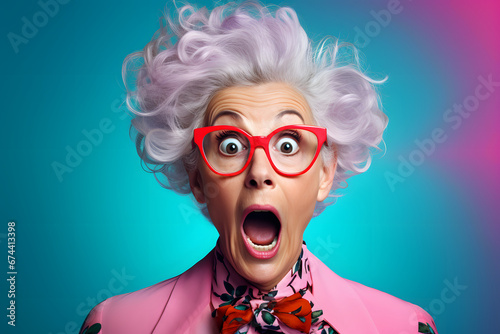 Surprised gray-haired Caucasian woman on blue background. Neural network generated image. Not based on any actual person or scene. © lucky pics