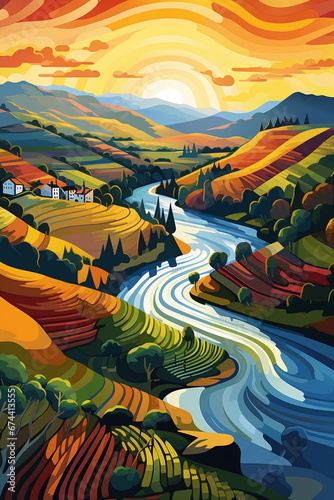 Landscape abstract illustration with river, fields, valley. Colorful image with rustic and misty panorama for poster, postcard, flyer