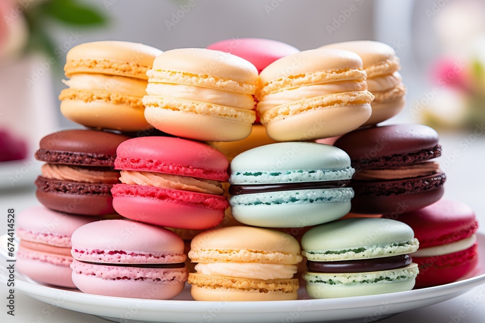 Assorted colorful French macarons stacked on a white plate, close-up view