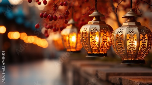 Warmly lit lanterns line a wall, casting a cozy glow, complemented by autumn leaves