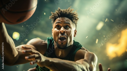 Close-up of a basketball player in mid-action, with a focused expression under dramatic lighting photo