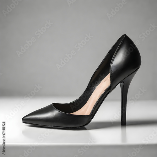 black leather high heel womens shoe on white background
