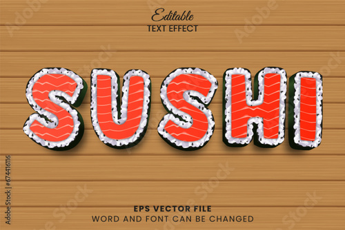 Sushi 3d editable vector illustration. Japanese salmon sushi textured text style