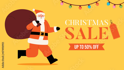 Christmas sale template banner with Santa Claus running with big bag of gifts. Special offer for holiday shopping. Season of discounts. Vector illustration