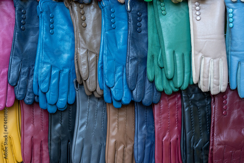 Guanti di pelle colorati organizzati in stand