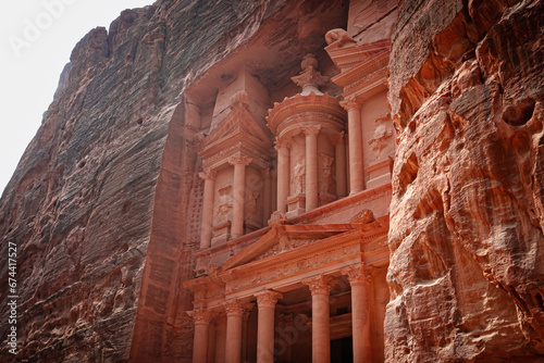 Side view of View of Al-Khazneh (The Treasury), one of the most elaborate temples in Petra,. Horizontally. photo