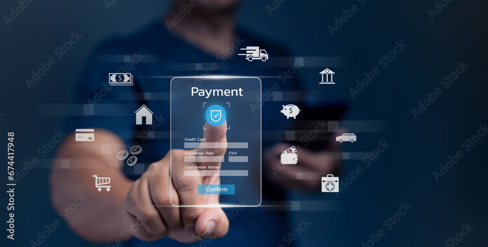 Digital banking network, internet payment, financial technology or FinTech concept. Businessman using smartphone with icons on virtual screen, online shopping and payment via mobile banking apps - obrazy, fototapety, plakaty 