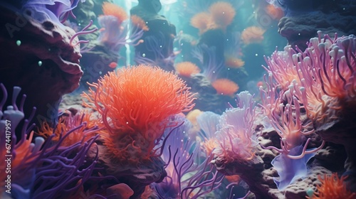 An abstract underwater world with vibrant coral formations, captured in full ultra HD with intricate details in