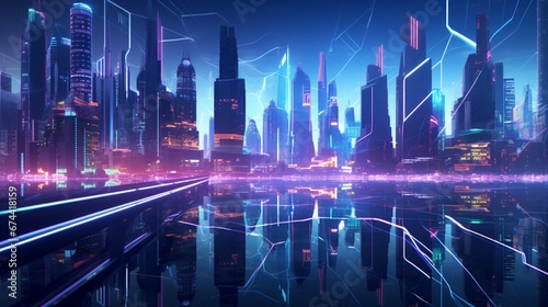 An electrifying neon cityscape of the future, with intricate patterns and reflections, in ultra HD 8K resolution.