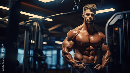 Bodybuilder with big muscles is standing in the gym