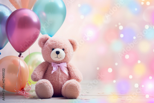 Cute happy teddy bear with colorful balloons. Joyful banner for seasonal greeting or invitation card. Pastel colored blurred bokeh background. Happy birthday or celebration concept.