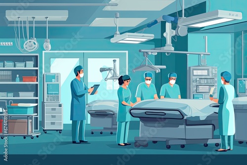 Surgeons team in operating room flat vector illustration. Cartoon surgeons team working in operation room, Medical doctor ER team, surgeon and anesthetist on medical clinic room, AI Generated photo