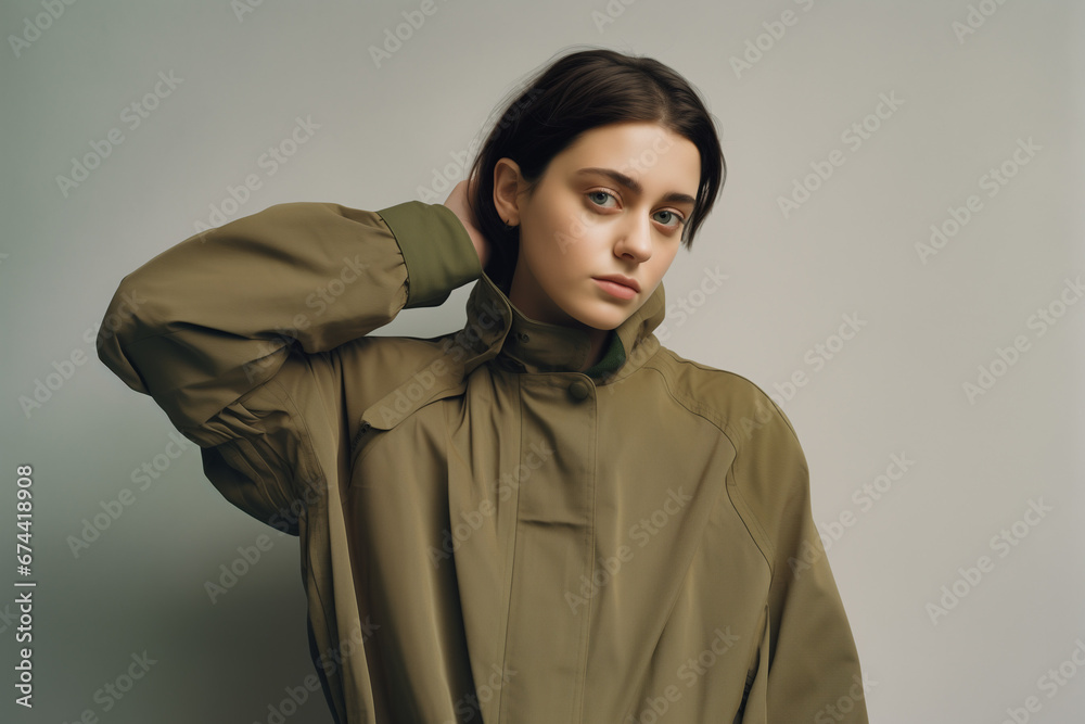 Beautiful Short Hair Model Wearing a Green Trench Coat. Isolated on a Plain Neutral Background. Generative AI. Beautiful Short Hair Model Wearing a Green Trench Coat. Isolated on a Plain Neutral Background. Generative AI.