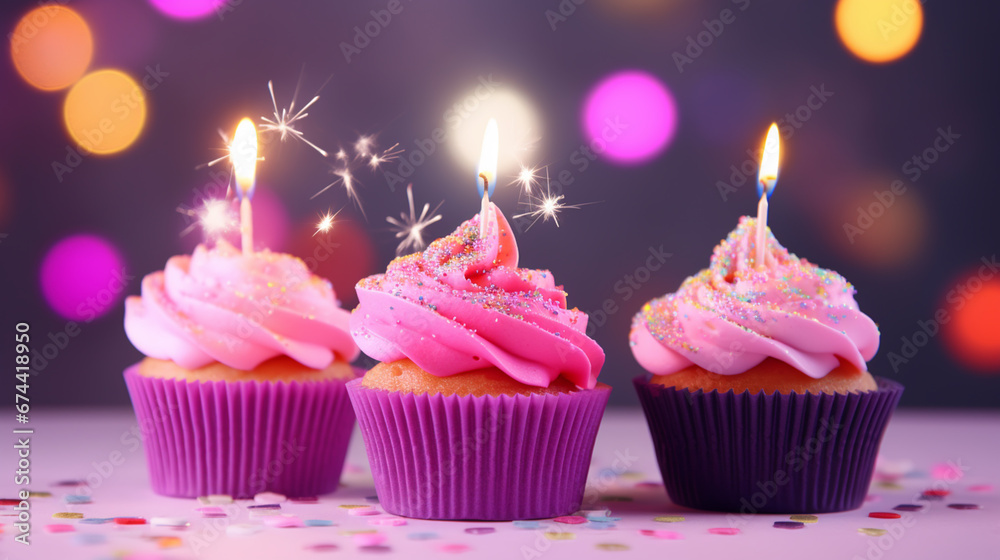 Birthday cupcake on table against blurred lights. Space for text