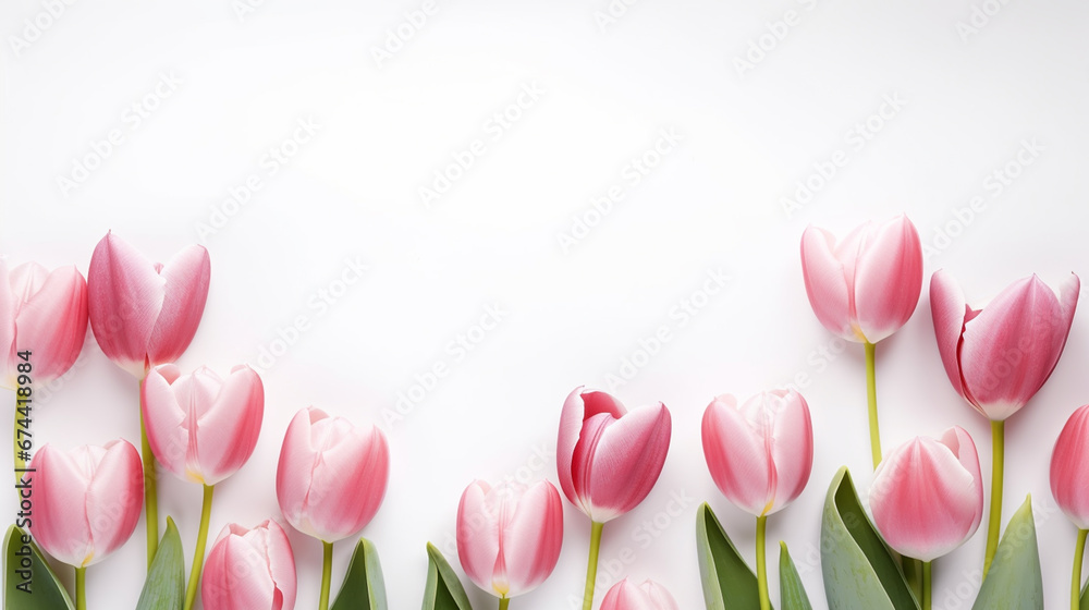 Mother's Day decorations concept. Top view photo of pink tulips and heart shaped sprinkles on isolated pastel background with copyspace