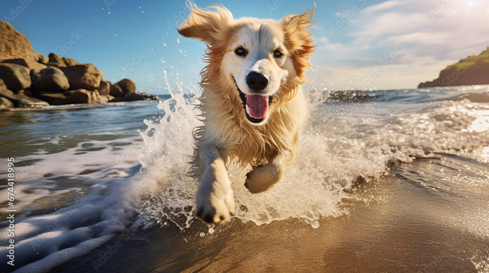 Beautiful dog playing in the water on the beach at sunny day