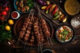 Grilled kebab on skewers with vegetables on wooden background, Middle eastern, arabic or mediterranean dinner table with grilled lamb kebab, chicken skewers with roasted, AI Generated