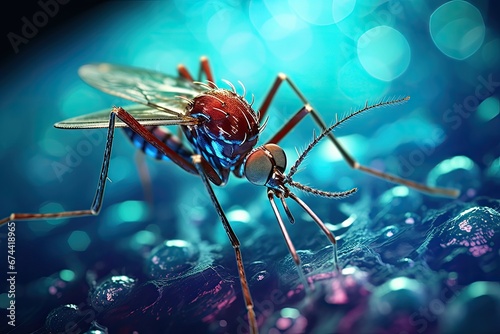 Mosquito on the colorful background. 3d illustration. Macro, microscopic image of a mosquito, AI Generated