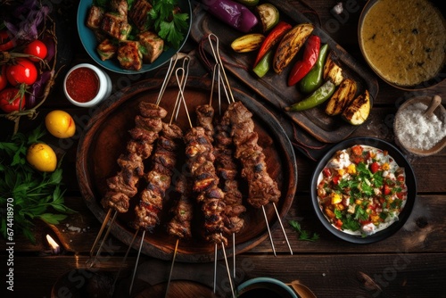Grilled kebab on skewers with vegetables on wooden background, Middle eastern, arabic or mediterranean dinner table with grilled lamb kebab, chicken skewers with roasted, AI Generated photo