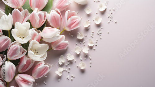 Mother s Day decorations concept. Top view photo of pink tulips and heart shaped sprinkles on isolated pastel background with copyspace