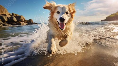 Beautiful dog playing in the water on the beach at sunny day