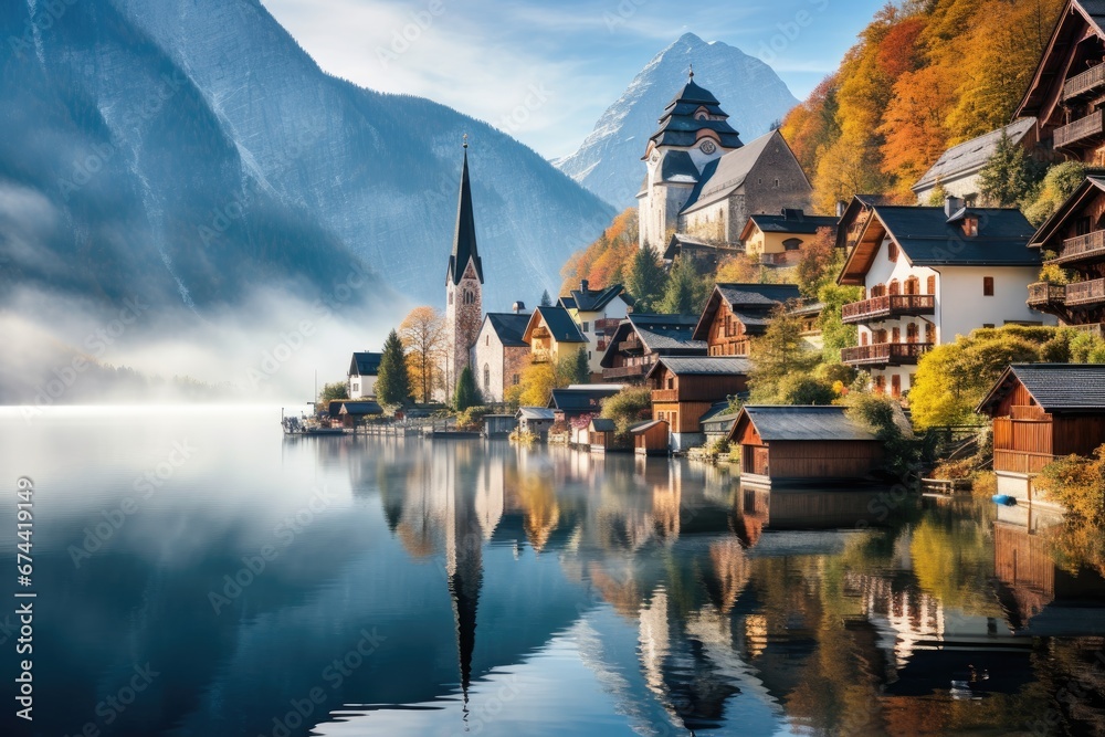 Hallstatt village in autumn. Hallstatt is a village in the Salzkammergut region, Austria, Misty autumn scene of Hallstatt lake. Splendid morning viev of Hallstatt village, AI Generated Hallstatt village in autumn. Hallstatt is a village in the Salzkammergut region, Austria, Misty autumn scene of Hallstatt lake. Splendid morning viev of Hallstatt village, AI Generated