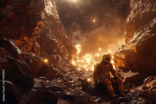 Astronaut sitting in a cave. Fantasy landscape. 3D rendering, mining gold, AI Generated photo