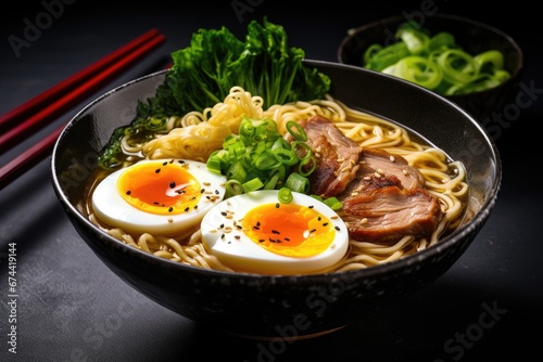 Japanese ramen noodle with roast duck and egg on black background, Miso Ramen Asian noodles with egg, pork and pak choi cabbage in bowl on dark background, AI Generated