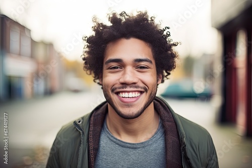 Portrait of a handsome young man with afro hairstyle smiling outdoors, Mixed race man smiling, AI Generated