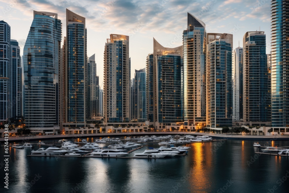 Obraz premium Dubai Marina at sunset in Dubai, UAE. Dubai was the fastest developing city in the world between 2002 and 2008, Modern buildings in Dubai Marina, Dubai, AI Generated