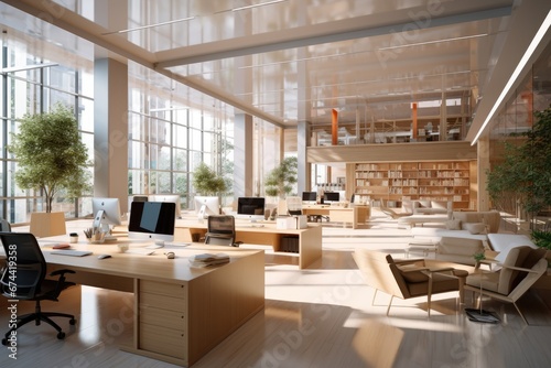 Modern coworking office interior with furniture and daylight. 3D Rendering, modern business office interior, 3d rendering, AI Generated
